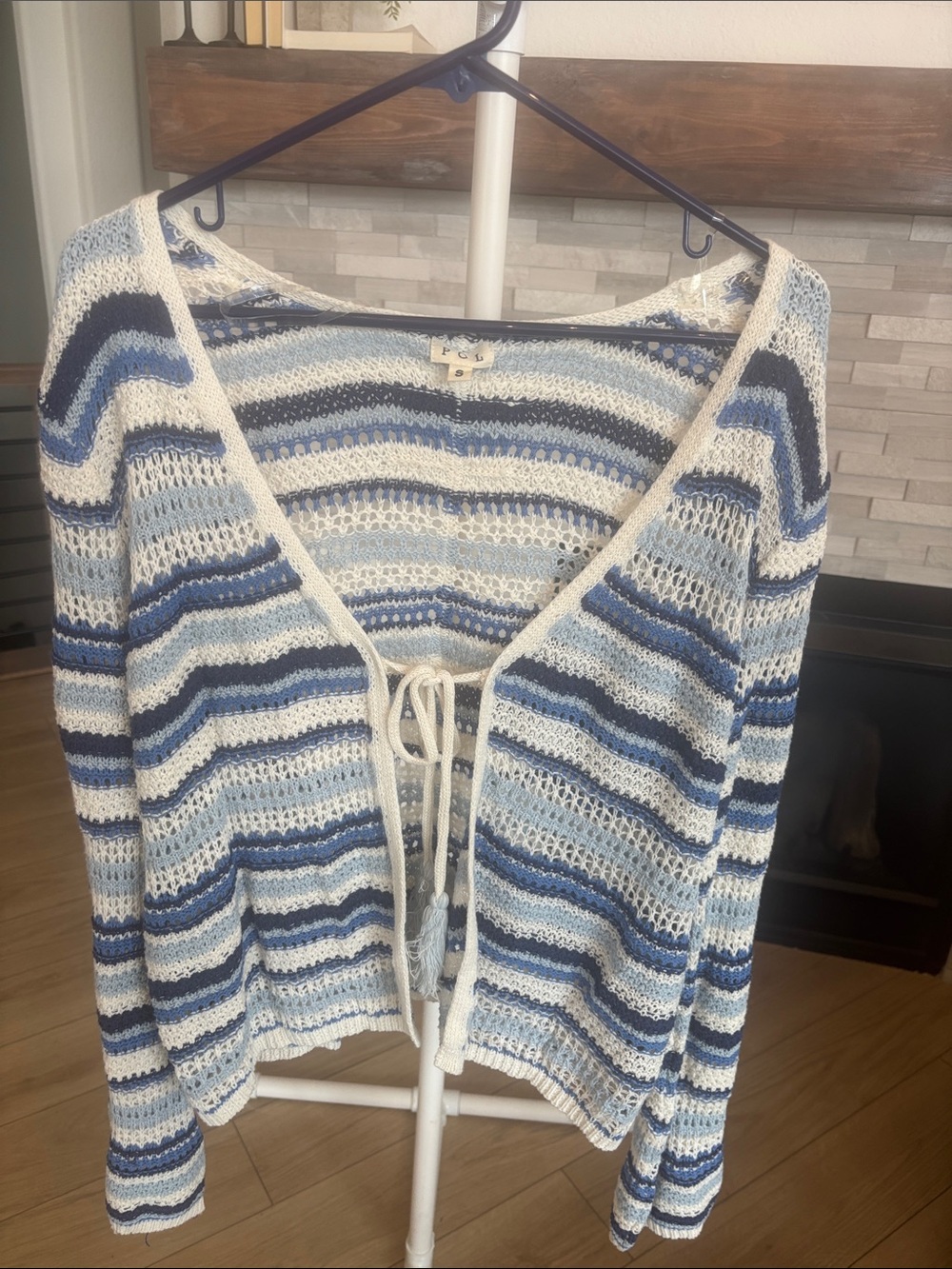 Light Blue Stripe Open-Weave Tie-Front Sweater Cardigan